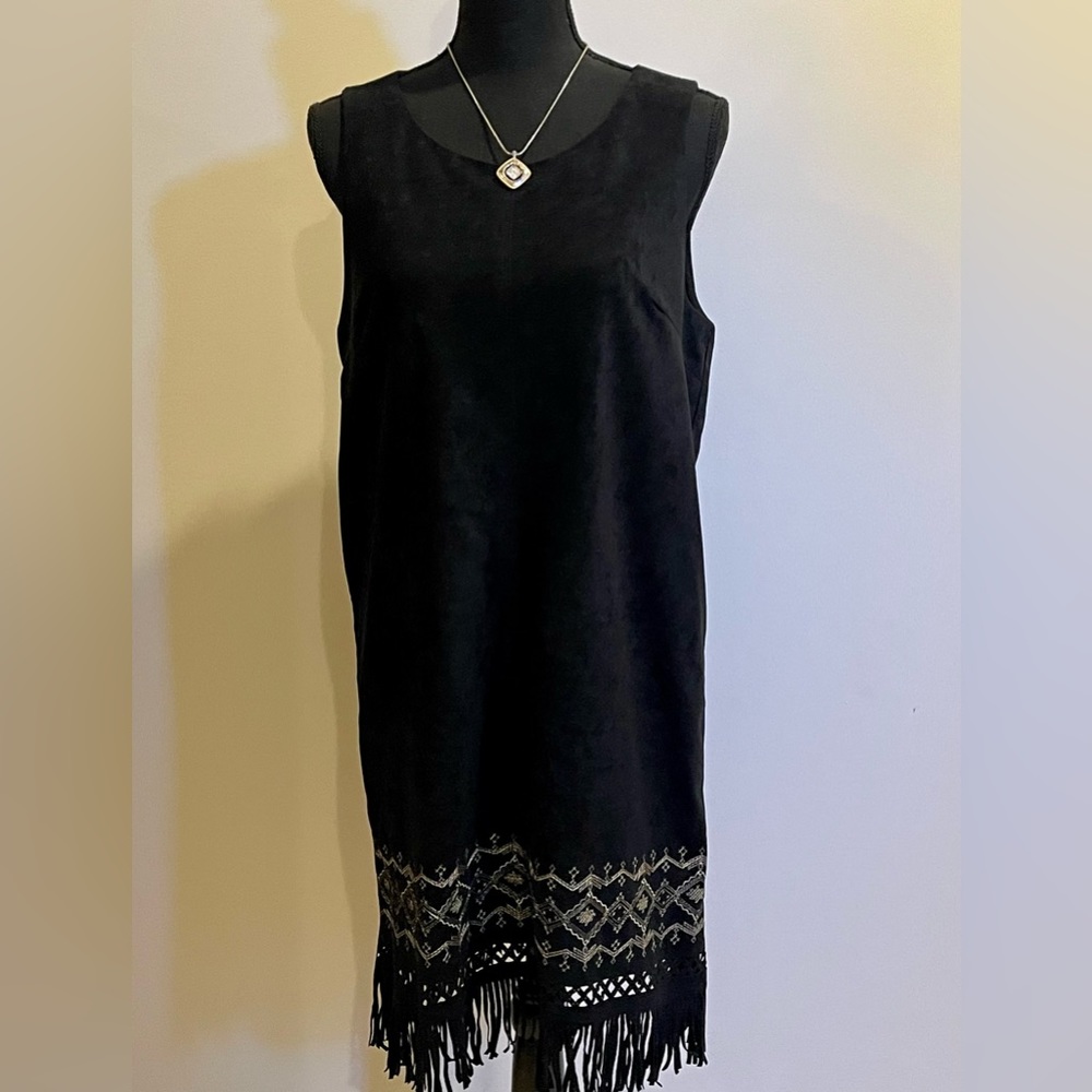 Addie Women's Black Sleeveless Dress with Fringe, Size Large